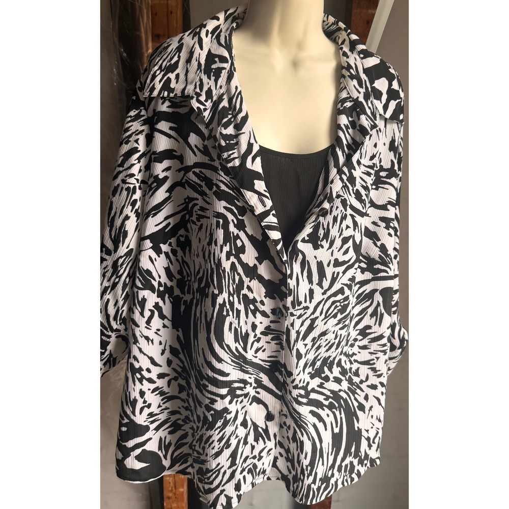 Just My Size 3X 22W-24W Black White Abstract Animal Print Button Up Shirt